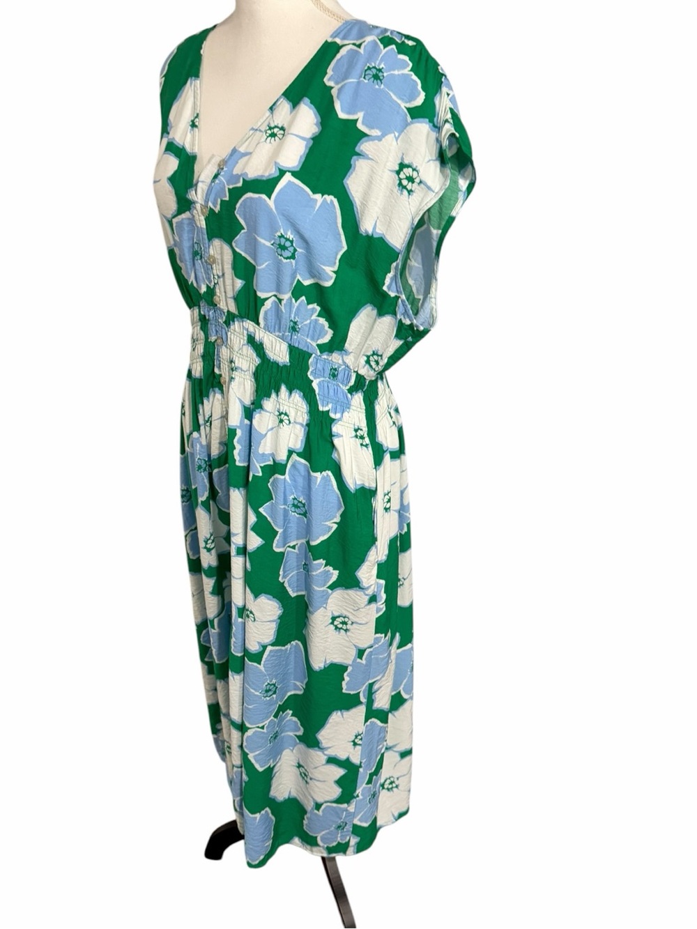 Sonoma sz XXL Green Floral V-Neck Midi Dress with Blue & White Blooms - Picture 4 of 9